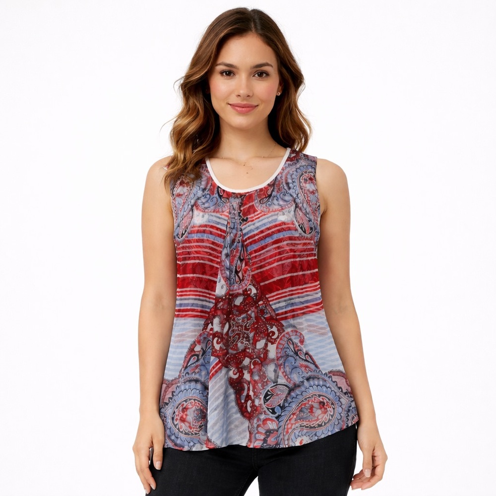 Energe Paisley Sleeveless Blouse Petite Small Red Blue Keyhole Back